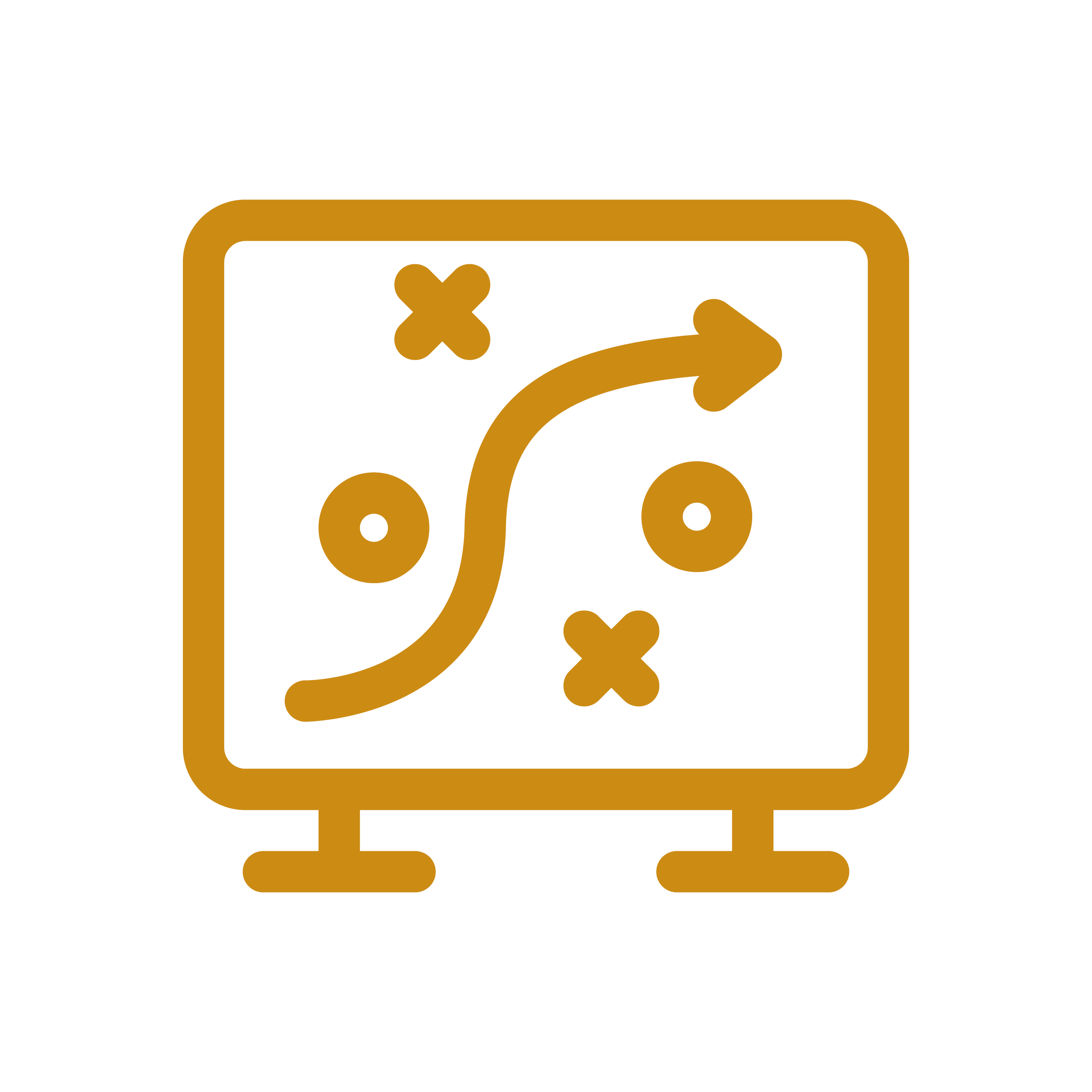 Icon of a black strategy diagram on a computer screen, featuring a yellow path, arrows, and X's and O's.