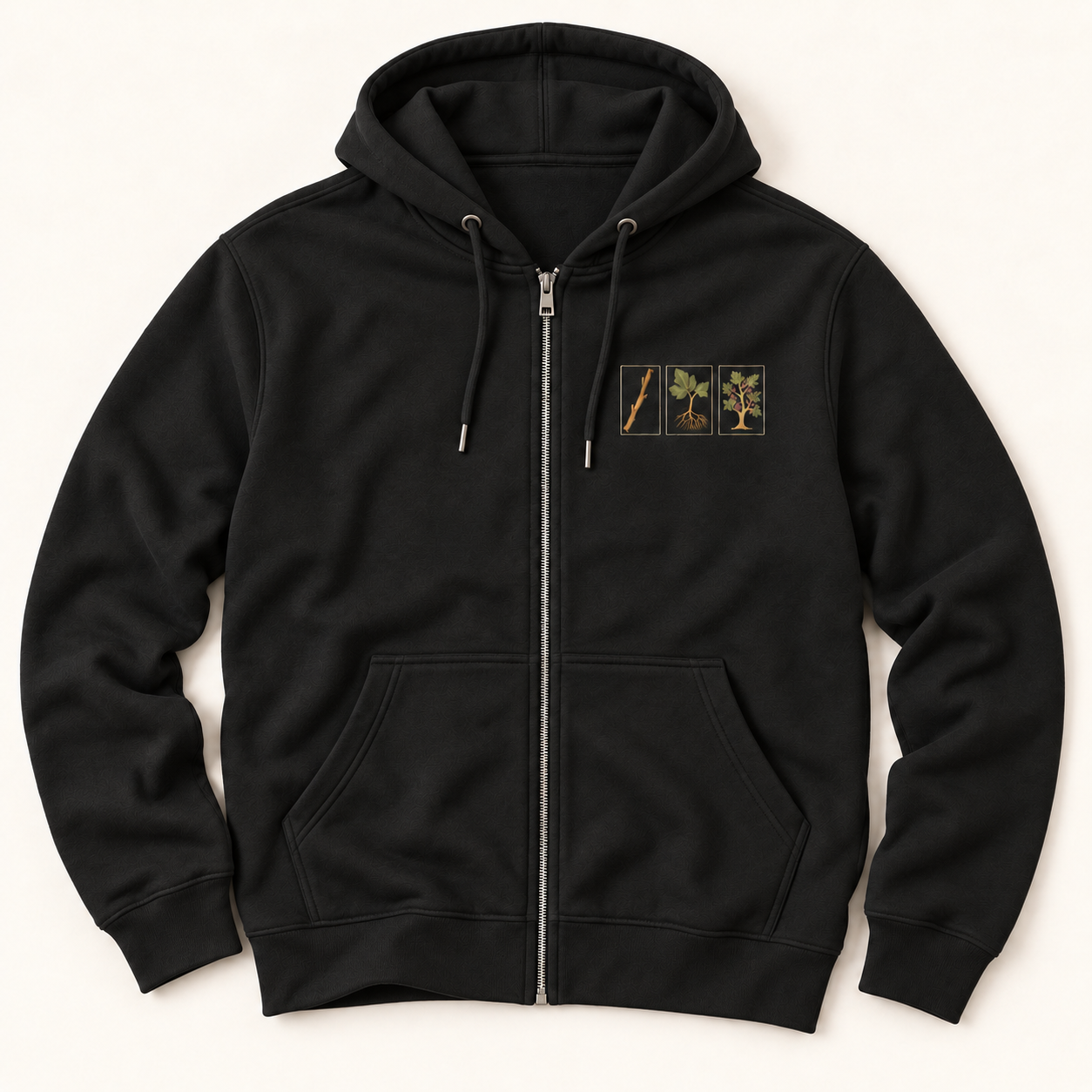 Front of Black FIGAHOLIC full-zip hoodie with three small botanical fig panels on the left chest.