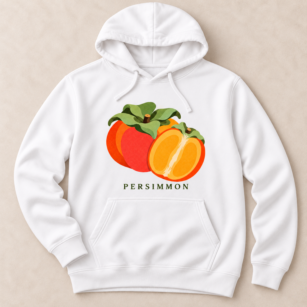 White Persimmon pullover hoodie with a whole orange persimmon, a cut half and green leaves above the front pocket.