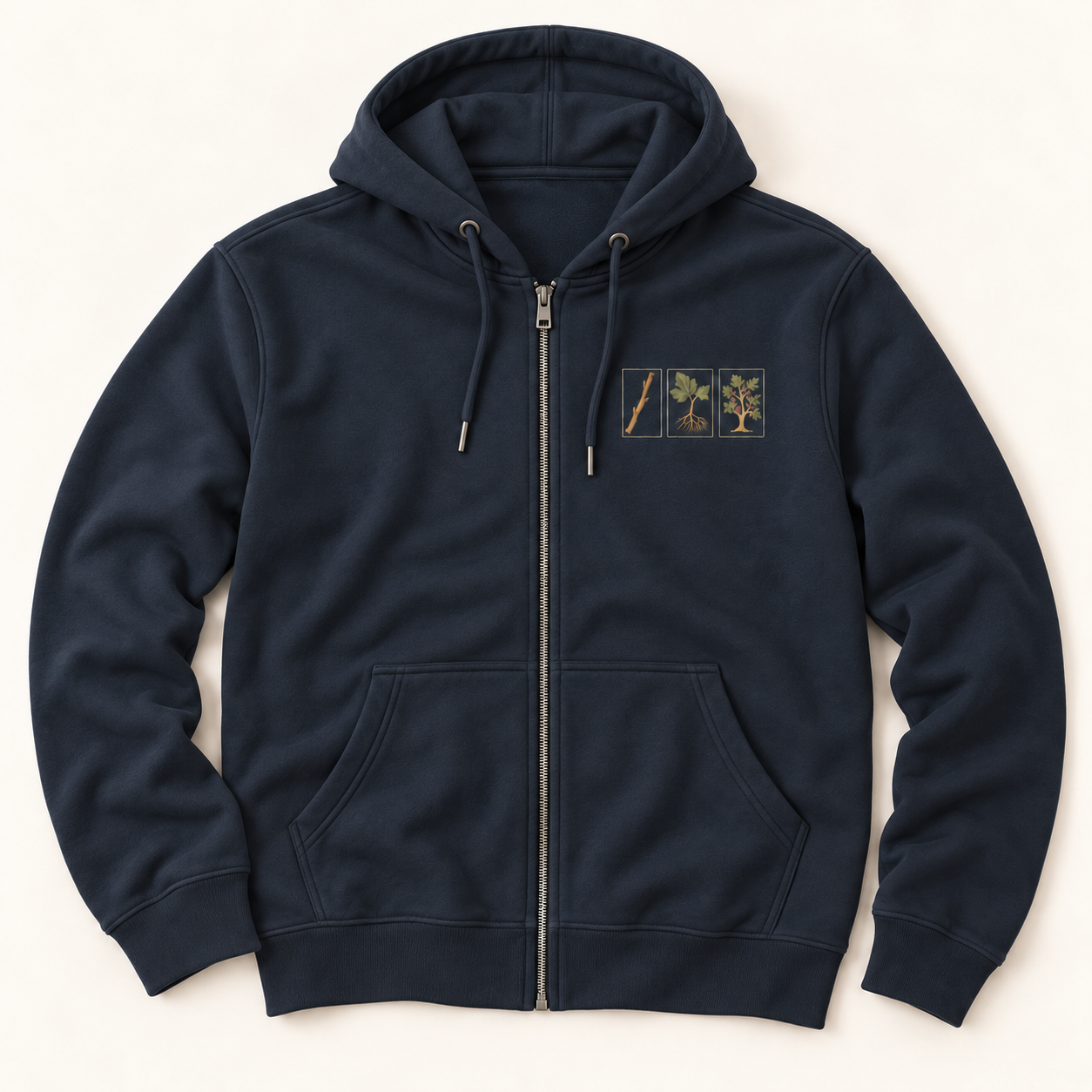 Front of Navy FIGAHOLIC full-zip hoodie with three small botanical fig panels on the left chest.
