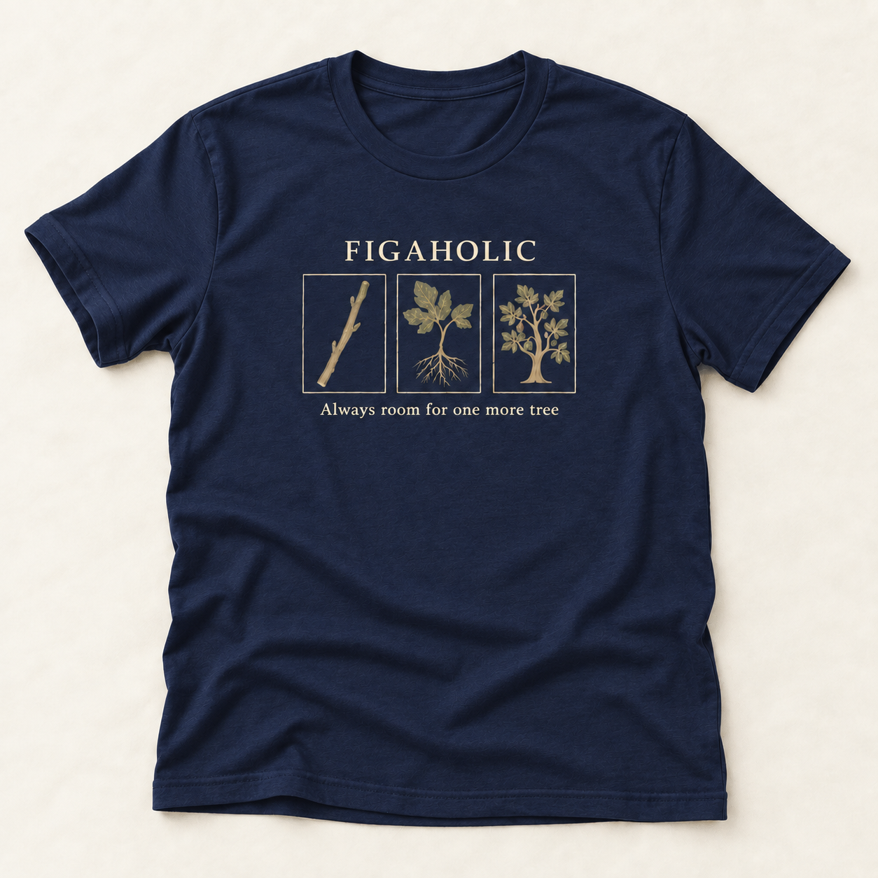 Navy FIGAHOLIC T-shirt with three botanical panels showing a fig cutting, rooted plant and fruiting tree.