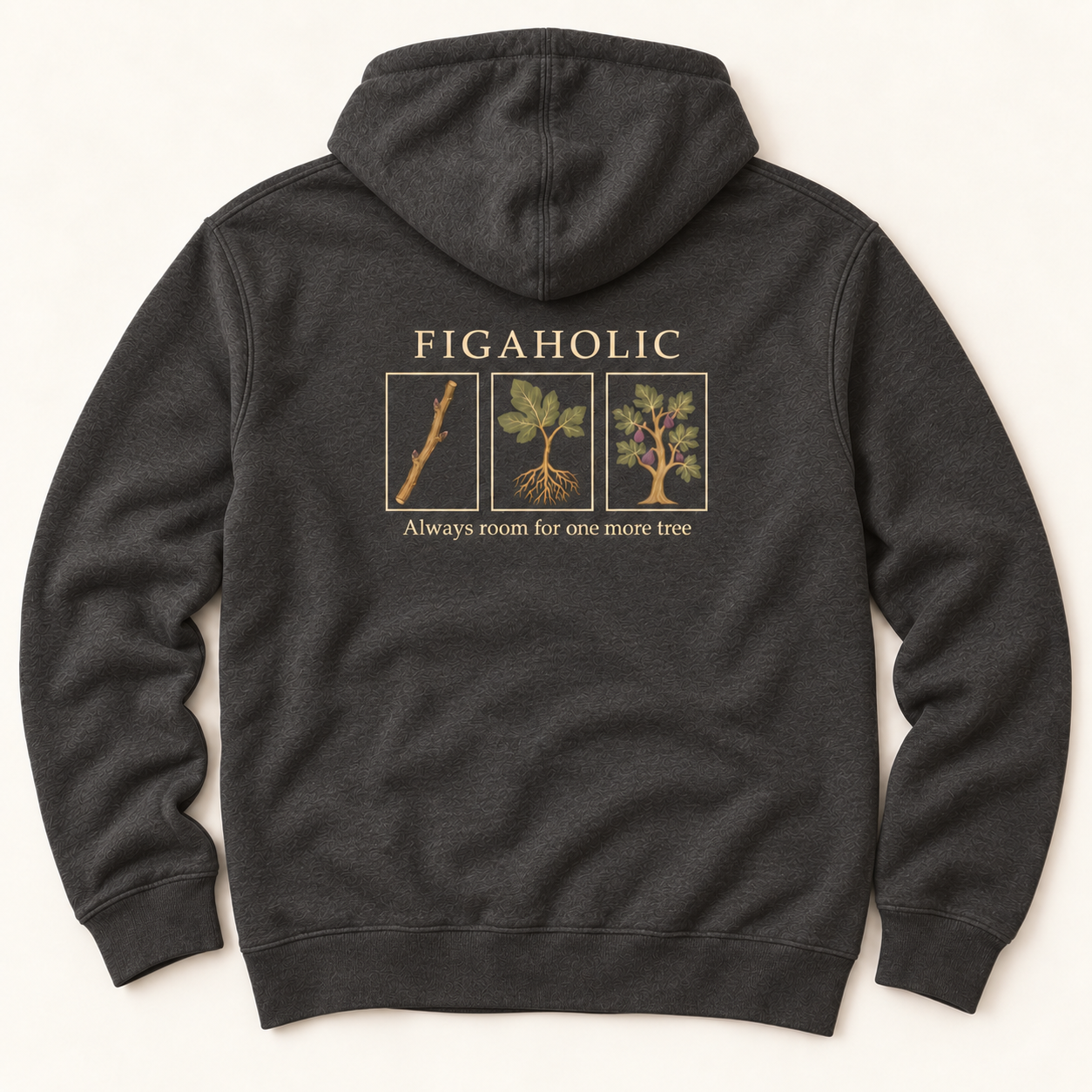 Back of Charcoal Heather FIGAHOLIC full-zip hoodie showing a fig cutting, rooted plant and fruiting tree beneath FIGAHOLIC lettering.