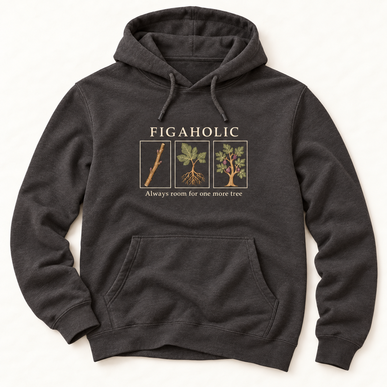 Charcoal Heather FIGAHOLIC pullover hoodie with a fig cutting, rooted plant and fruiting tree printed above the front pocket.