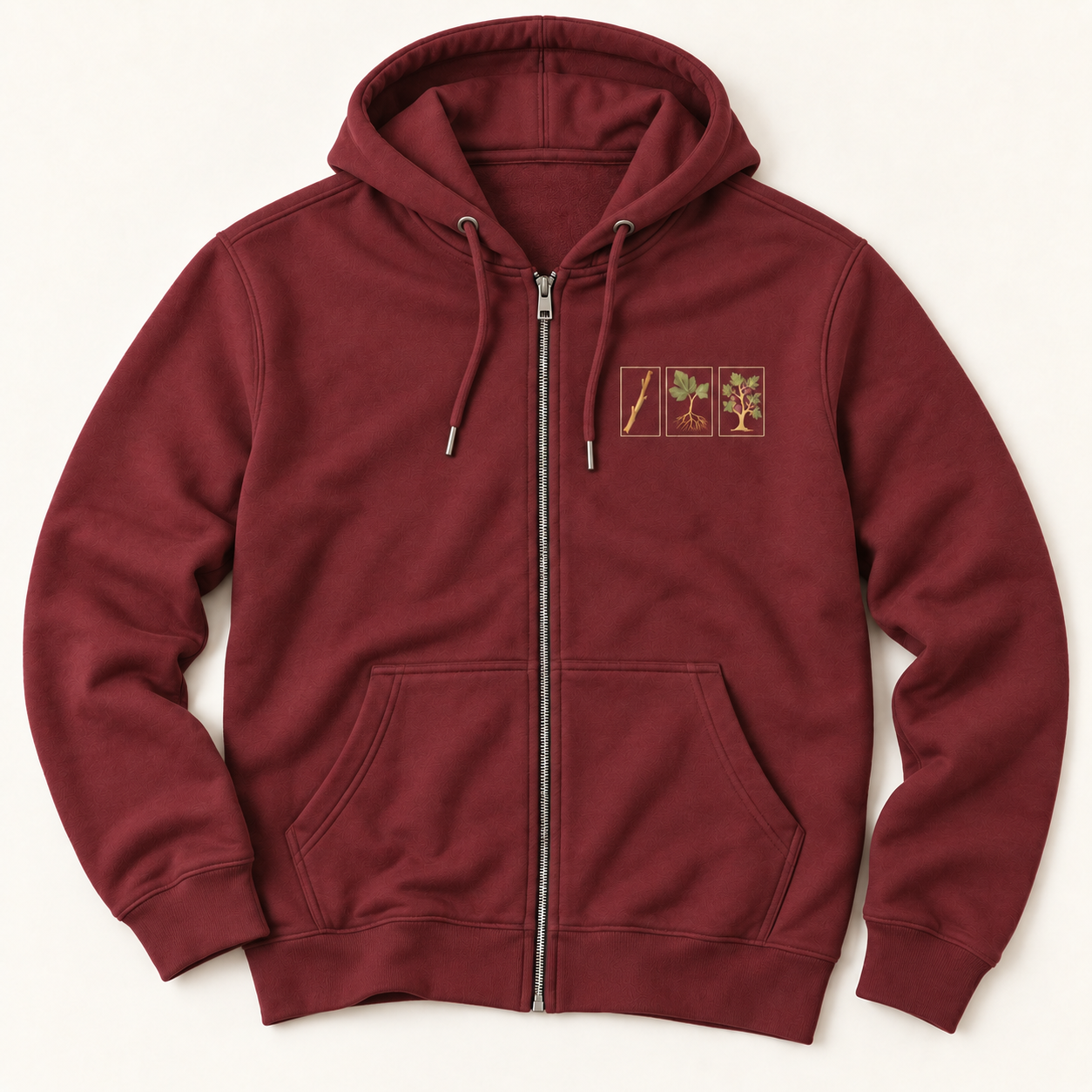 Front of Burgundy FIGAHOLIC full-zip hoodie with three small botanical fig panels on the left chest.
