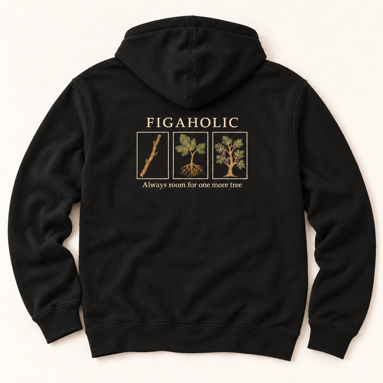 Back of Black FIGAHOLIC full-zip hoodie showing a fig cutting, rooted plant and fruiting tree beneath FIGAHOLIC lettering.