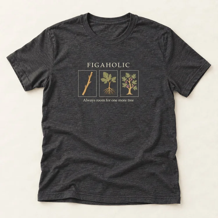 Dark Grey Heather Figaholic T-shirt, laid flat, with three botanical panels showing a fig cutting, rooted plant, and fruiting tree.