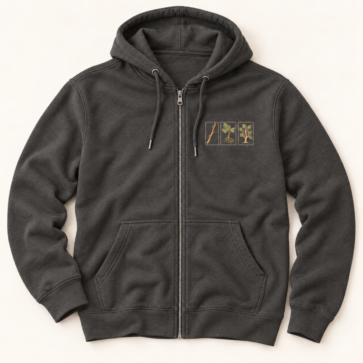 Front of Charcoal Heather FIGAHOLIC full-zip hoodie with three small botanical fig panels on the left chest.