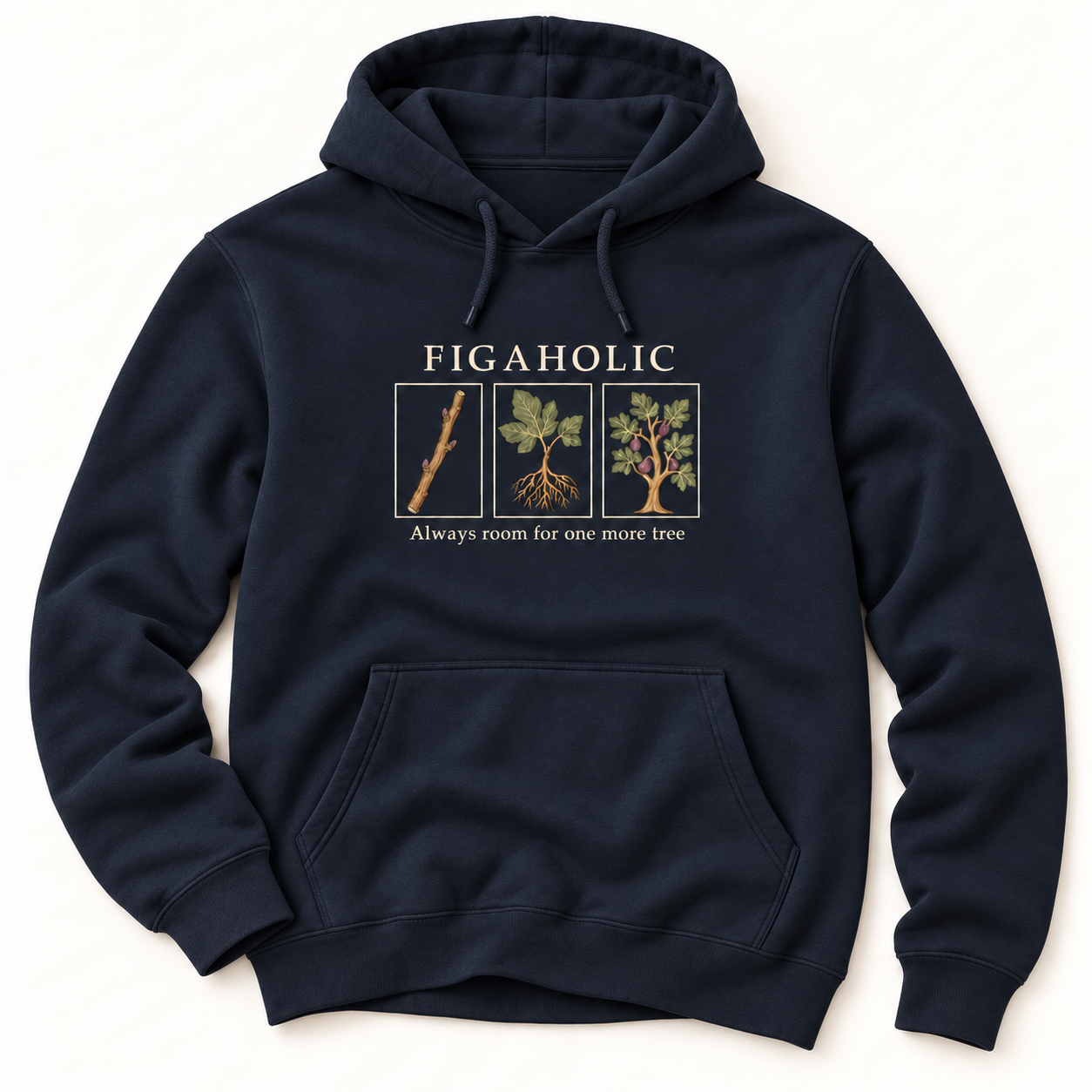 Navy Blazer FIGAHOLIC pullover hoodie with a fig cutting, rooted plant and fruiting tree printed above the front pocket.