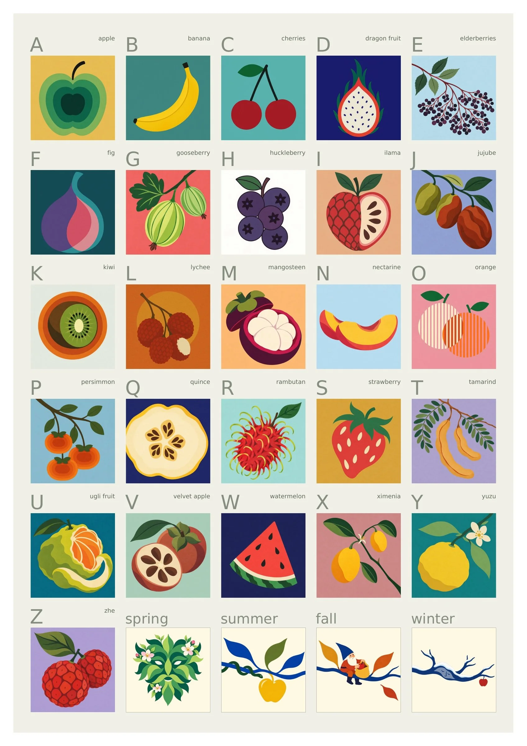 Fruit Alphabet art print with twenty-six colorful fruit illustrations, A–Z labels, four seasonal orchard panels, and a white border.