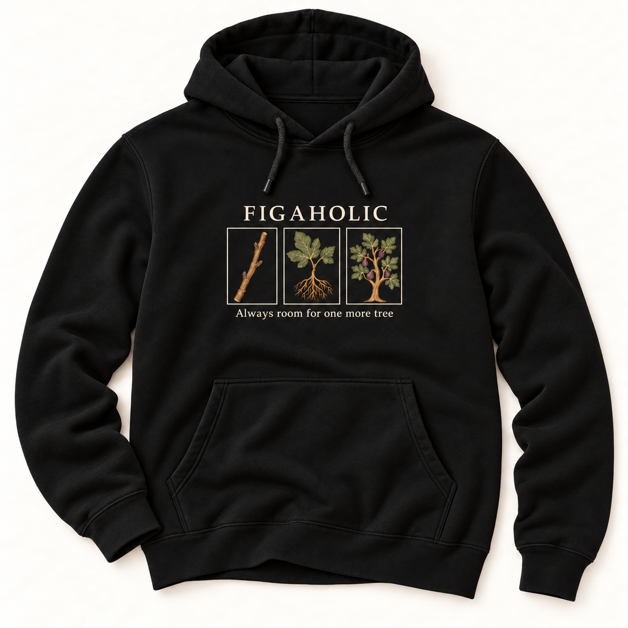 Black FIGAHOLIC pullover hoodie with a fig cutting, rooted plant and fruiting tree printed above the front pocket.
