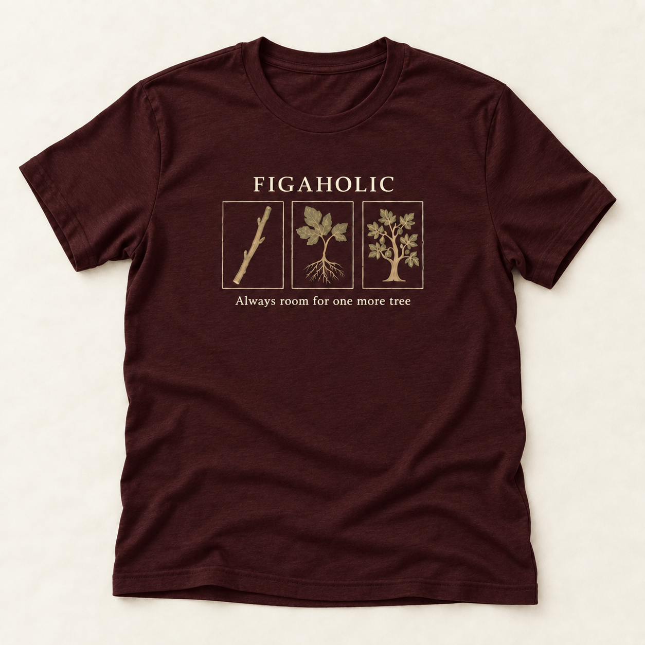 Oxblood Black FIGAHOLIC T-shirt flat lay with three botanical panels showing a fig cutting, rooted plant and fruiting tree.