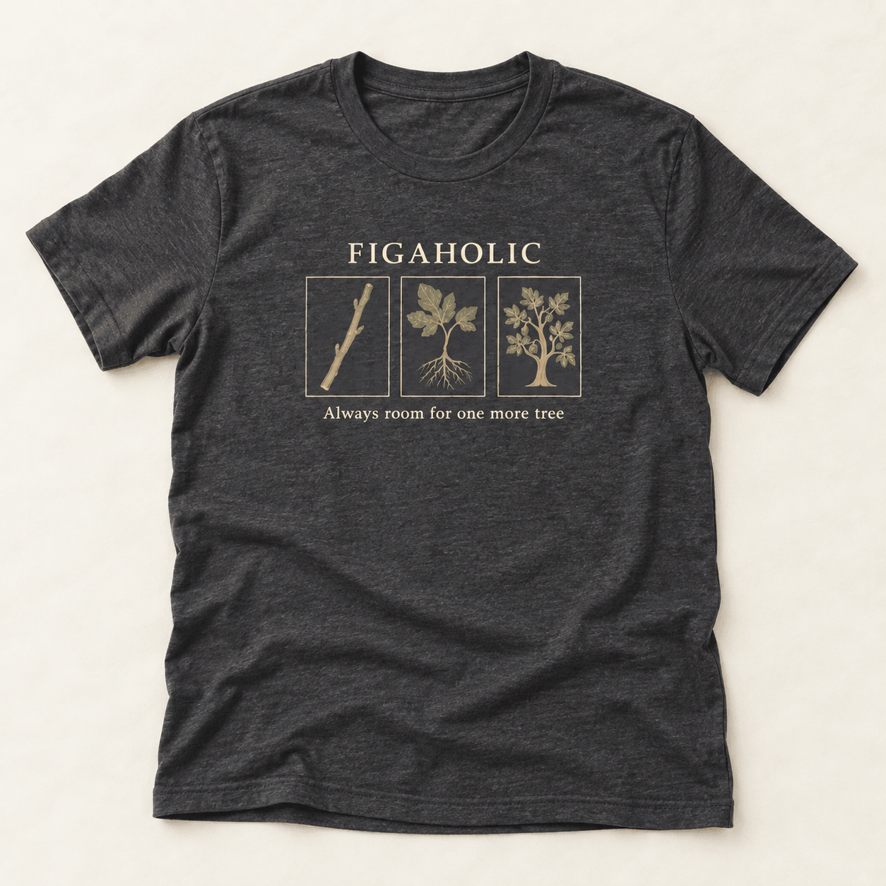 Dark Grey Heather FIGAHOLIC T-shirt flat lay with three botanical panels showing a fig cutting, rooted plant and fruiting tree.