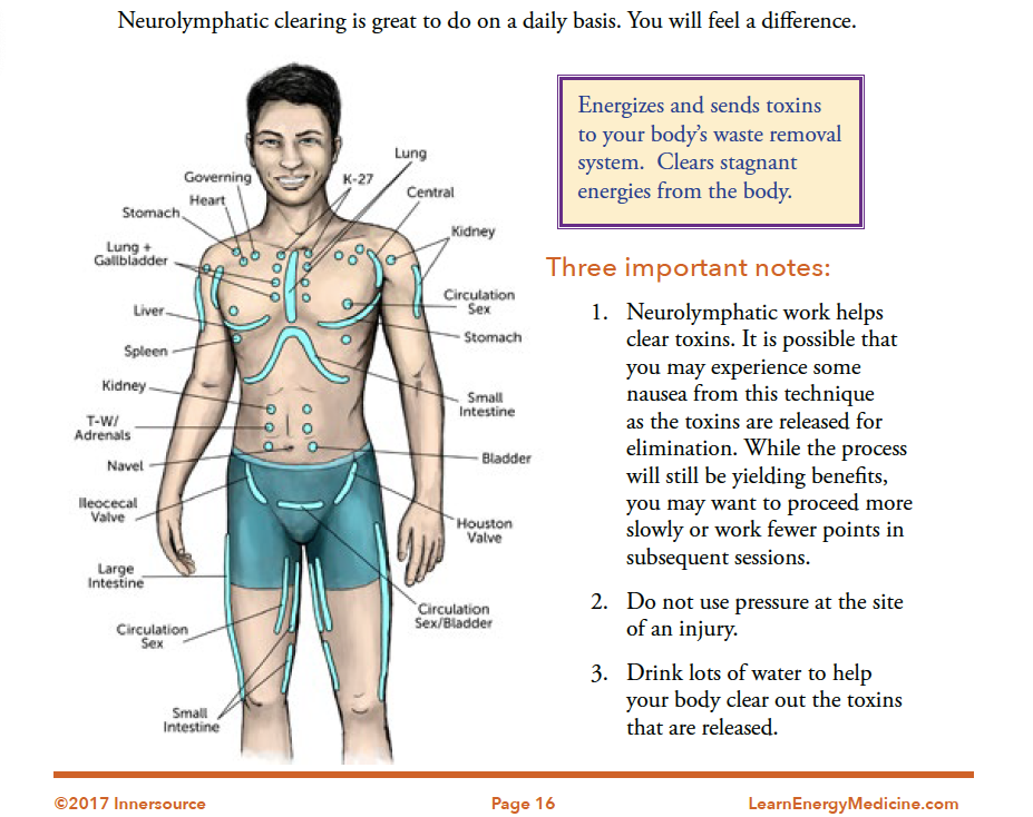 Diagram of a male human body illustrating the lymphatic system with blue lines connecting lymph nodes and organs, including the lungs, heart, liver, kidneys, stomach, spleen, intestines, bladder, and other areas related to neuro-lymphatic clearing techniques.