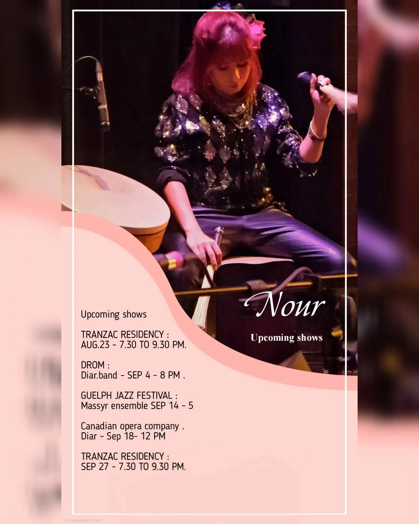 Upcoming shows 

TRANZAC RESIDENCY :
AUG.23 - 7.30 TO 9.30 PM.

DROM : 
@diar.band - SEP 4 - 8 PM .

GUELF JAZZ FESTIVAL :
@massyr.ensemble SEP 14 - 5 PM.

Four seasons center
Diar - Sep 18- 12 PM 

TRANZAC RESIDENCY :
SEP 27 - 7.30 TO 9.30 PM.