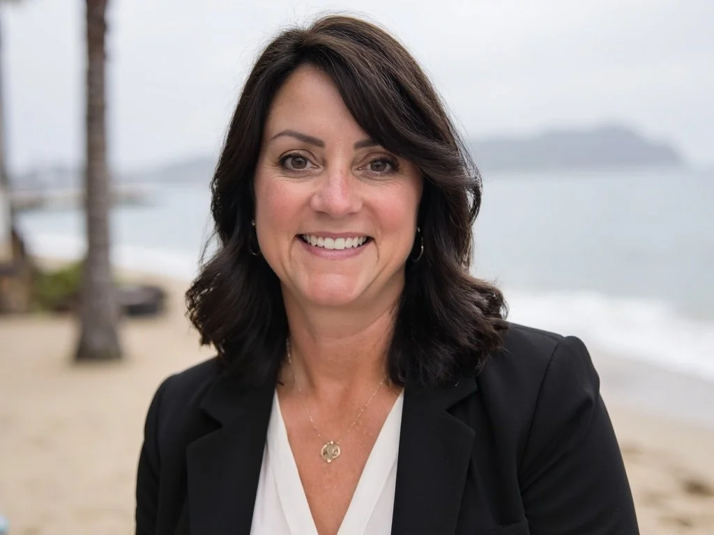 A woman with dark brown hair smiling at the camera on a beach, wearing a black blazer and a white top, with palm trees and the ocean in the background.