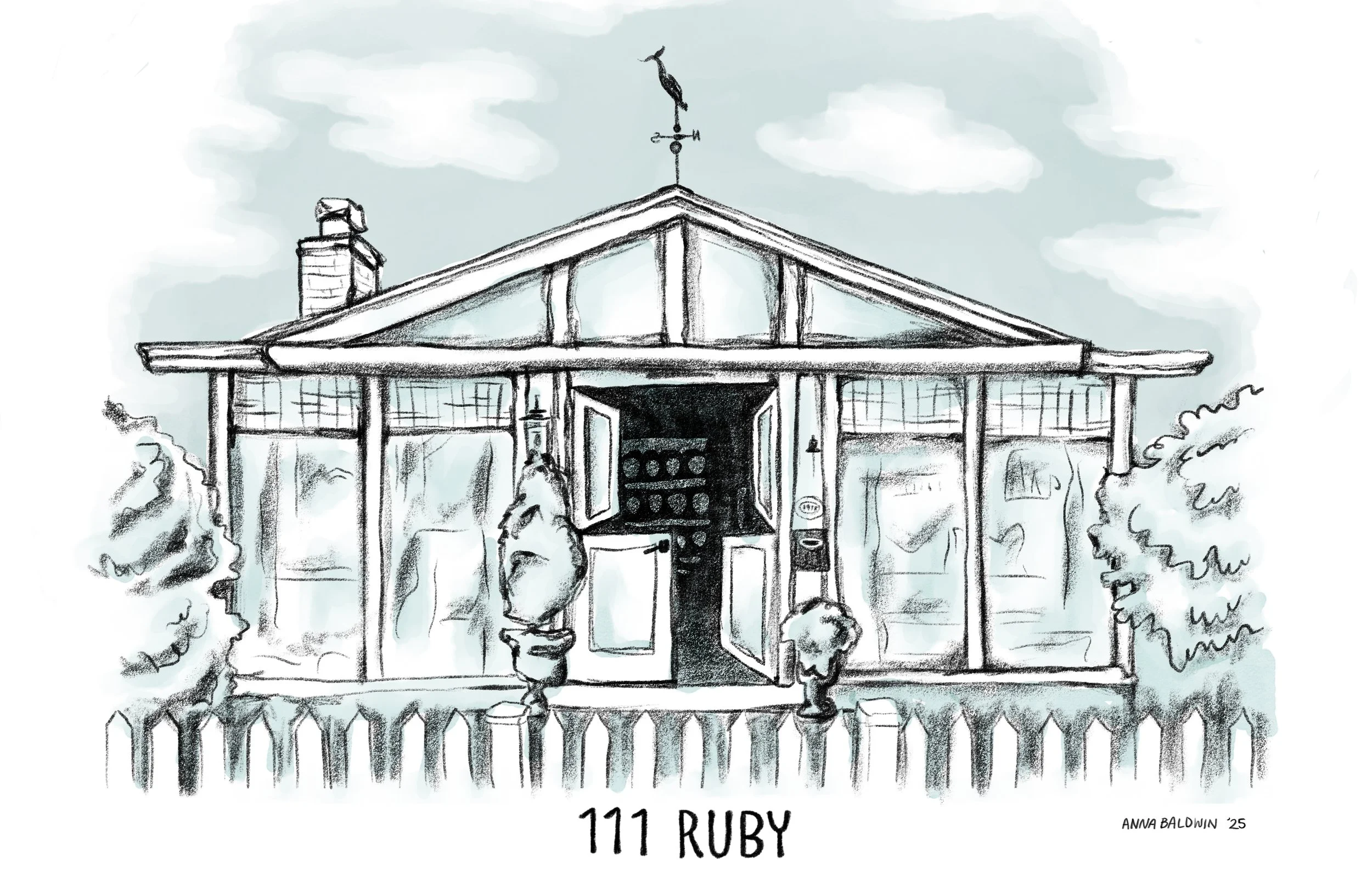 A black and white sketch of a house with a gabled roof, chimney, and weathervane depicting a whale on top. The house has large front windows, a partially open front door, and is surrounded by trees and bushes. A white picket fence is in the foreground.