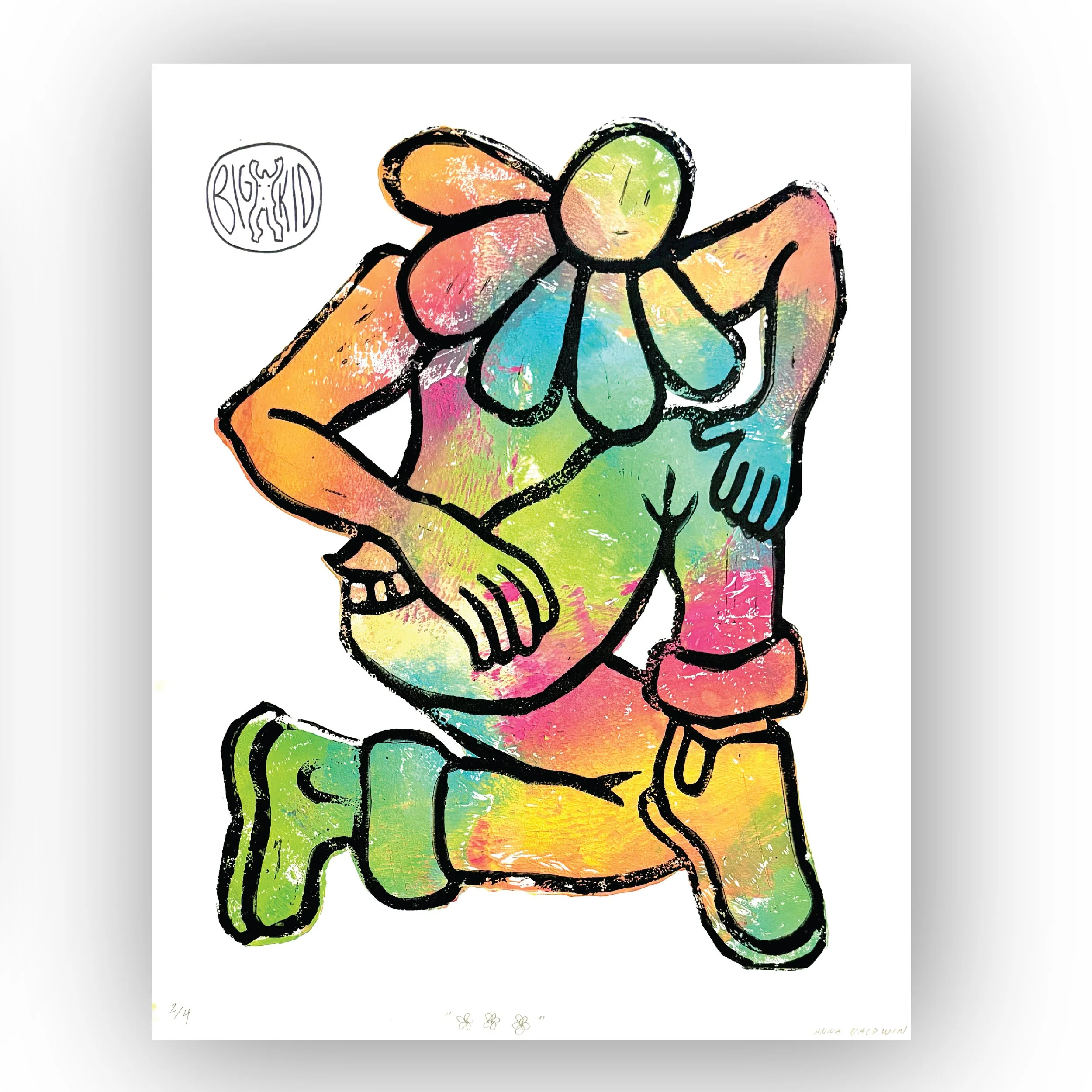 Flower man 2 layer lino cut print - 11"x14"