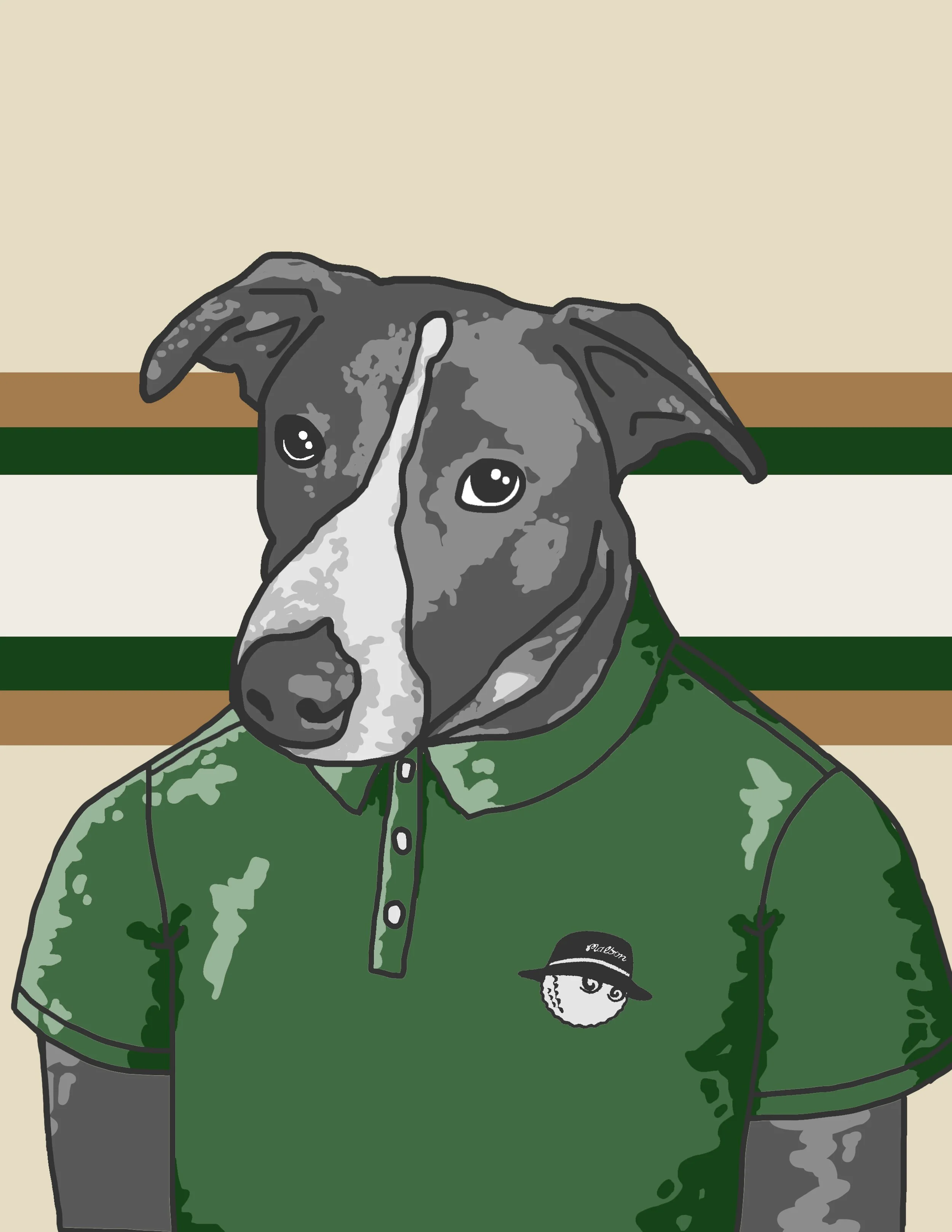 Digital illustration of a dog with a human body, wearing a green golf shirt , with a serious expression, and a small cartoon-like face on the shirt.