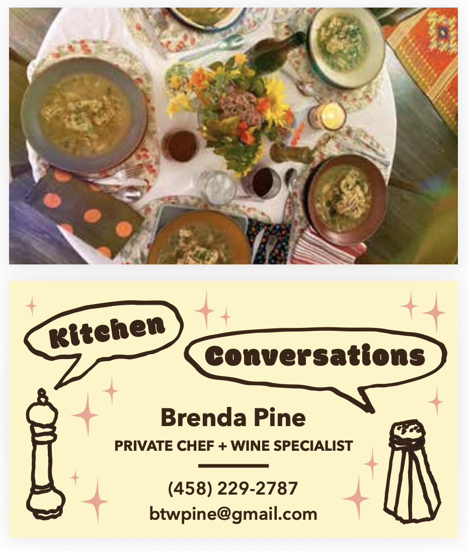 Top view of a round dining table set with bowls of soup, a floral arrangement, a candle, and drinks. The business card below features a hand-drawn salt shaker and pepper grinder, with playful speech bubbles containing the words 'kitchen' and 'conversations' and contact information for a private chef and wine specialist.