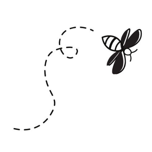 Black outline drawing of a bee with dotted flight path against a dark background.