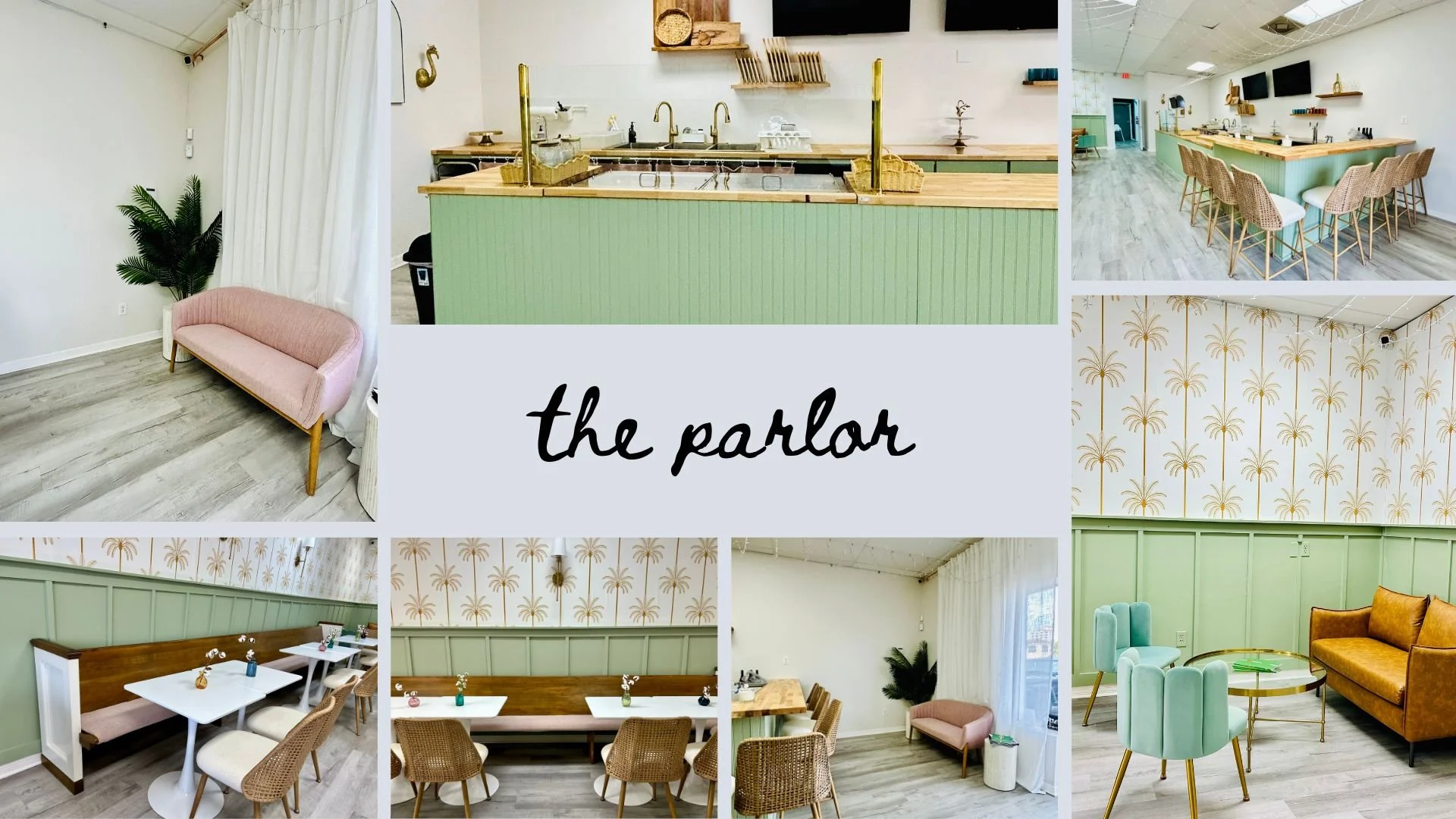 Collage of interior spaces in a modern cafe named 'the parlor'. Features include a pink sofa with a plant, a kitchen and bar area with a green facade, dining areas with white tables and wicker chairs, decorative wallpaper with gold palm trees, and various seating arrangements with colorful chairs and sofas.
