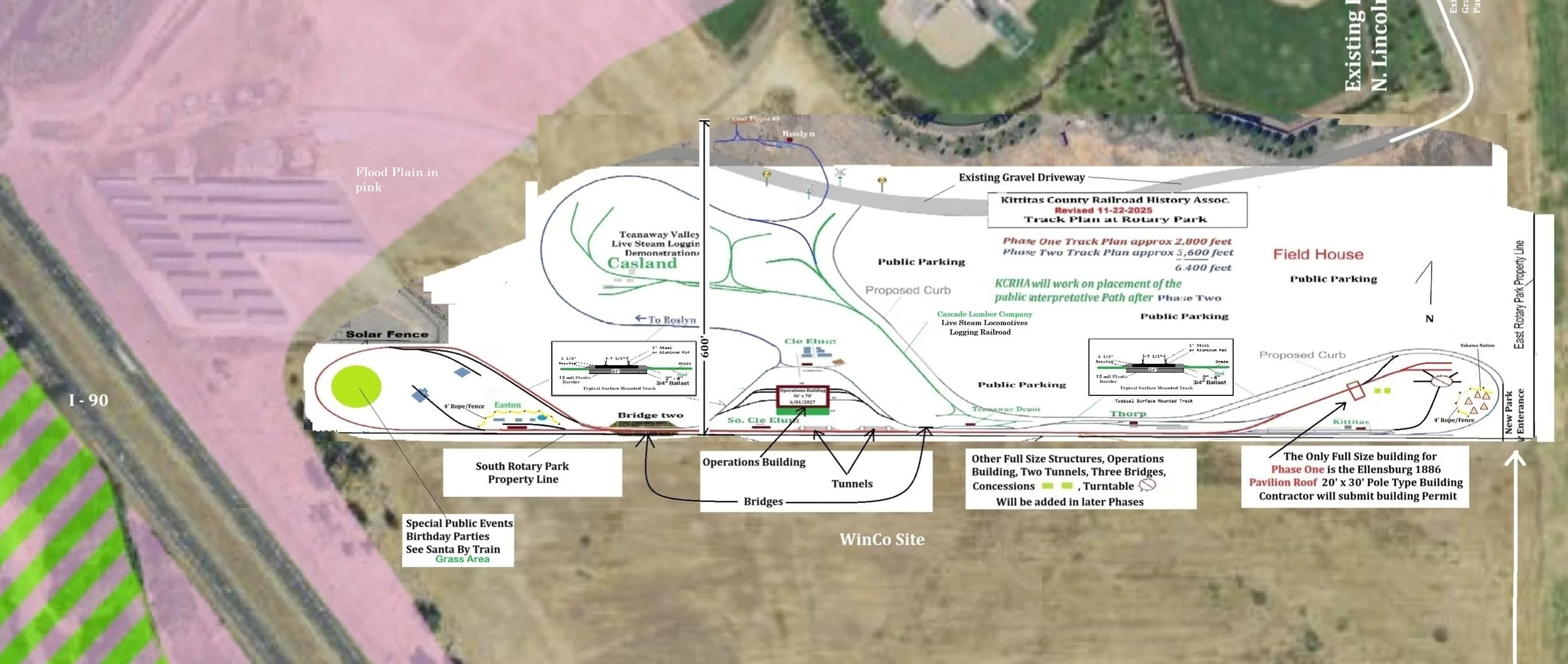 A graphic of the plans for the new Riding Railroad at Rotary Park in Ellensburg, Washington, provided by the Kittitas County Railroad History Association. This free activity in Ellensburg will be family friendly and fun.