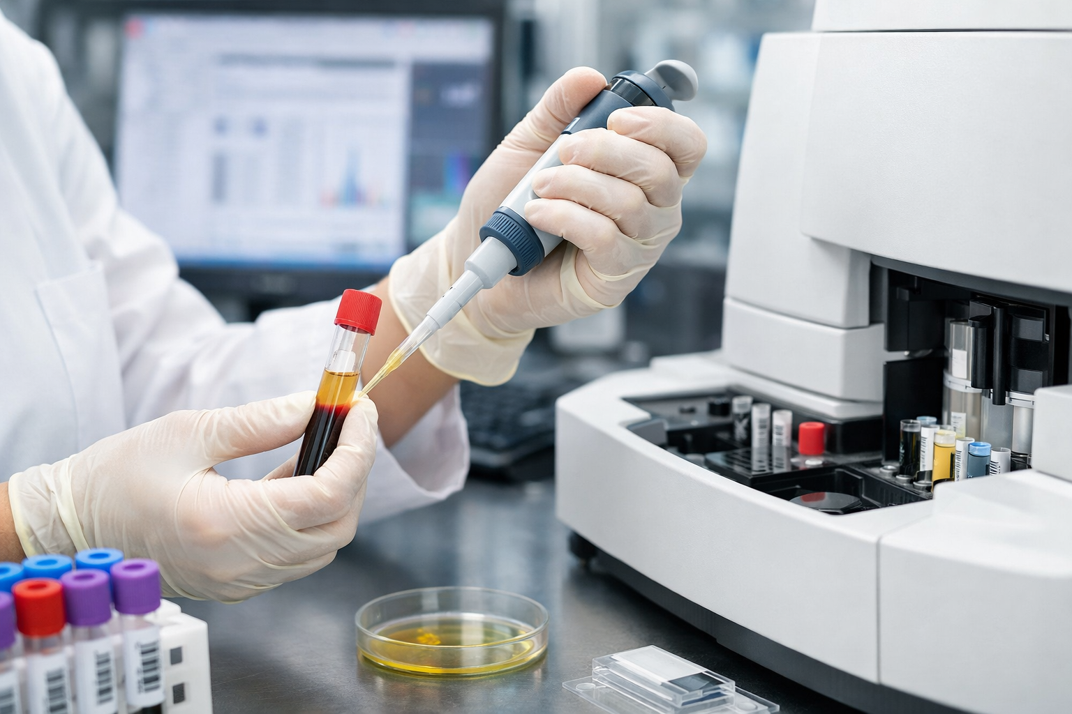 Laboratory technician drawing liquid from a test tube with blood sample using a pipette, with lab equipment and test tubes in the background.
