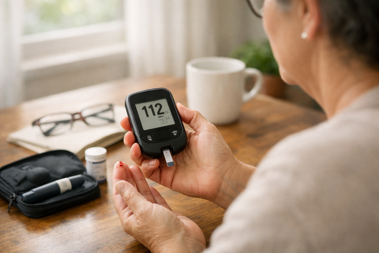 A woman holding a glucose meter showing a reading of 112, with a white mug, glasses, a notebook, and medication on a wooden table.