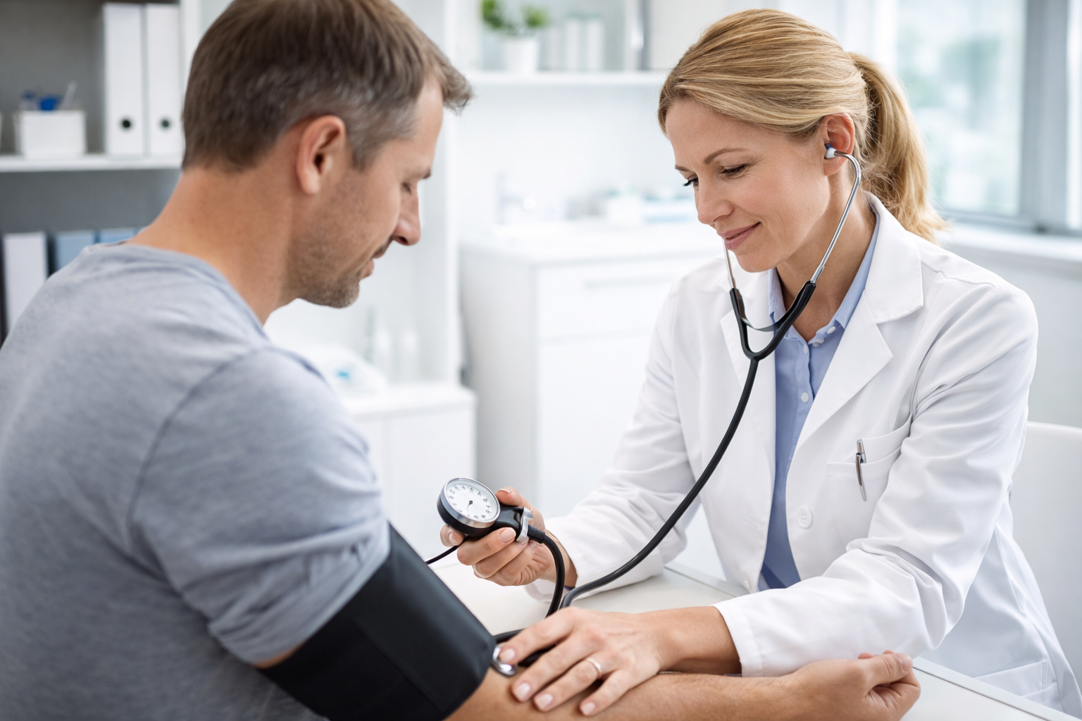 A healthcare professional checks a patient's blood pressure using a manual cuff and sphygmomanometer in a clinical setting.