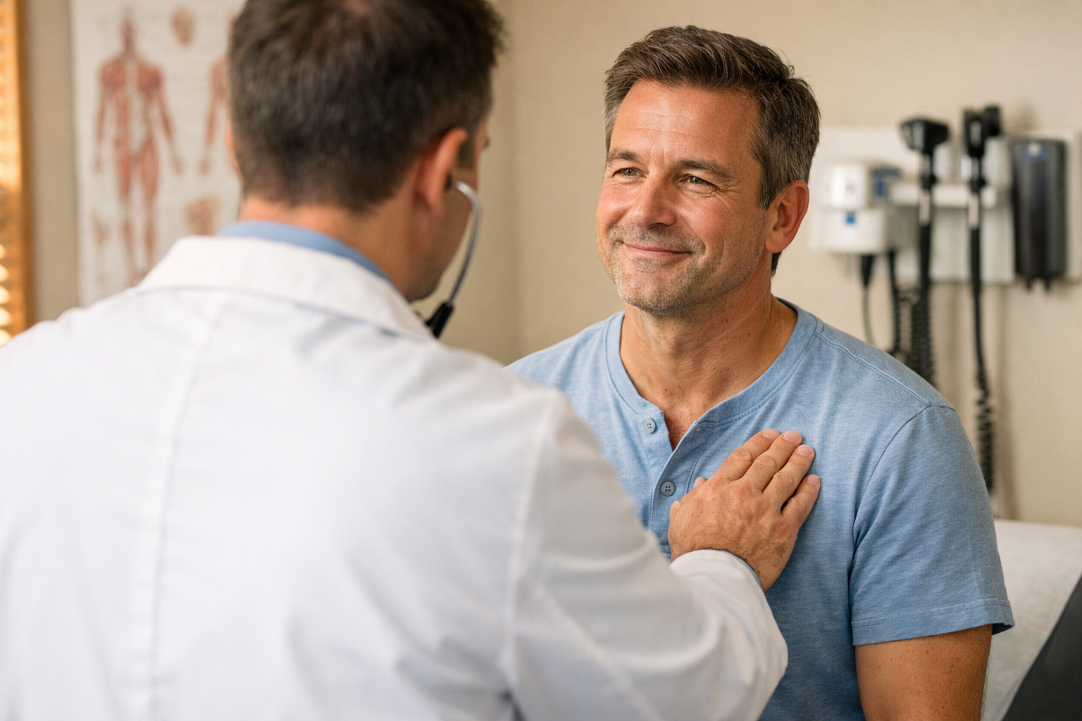 A doctor with a stethoscope is examining a middle-aged man in a hospital room, and the man appears to be smiling warmly.