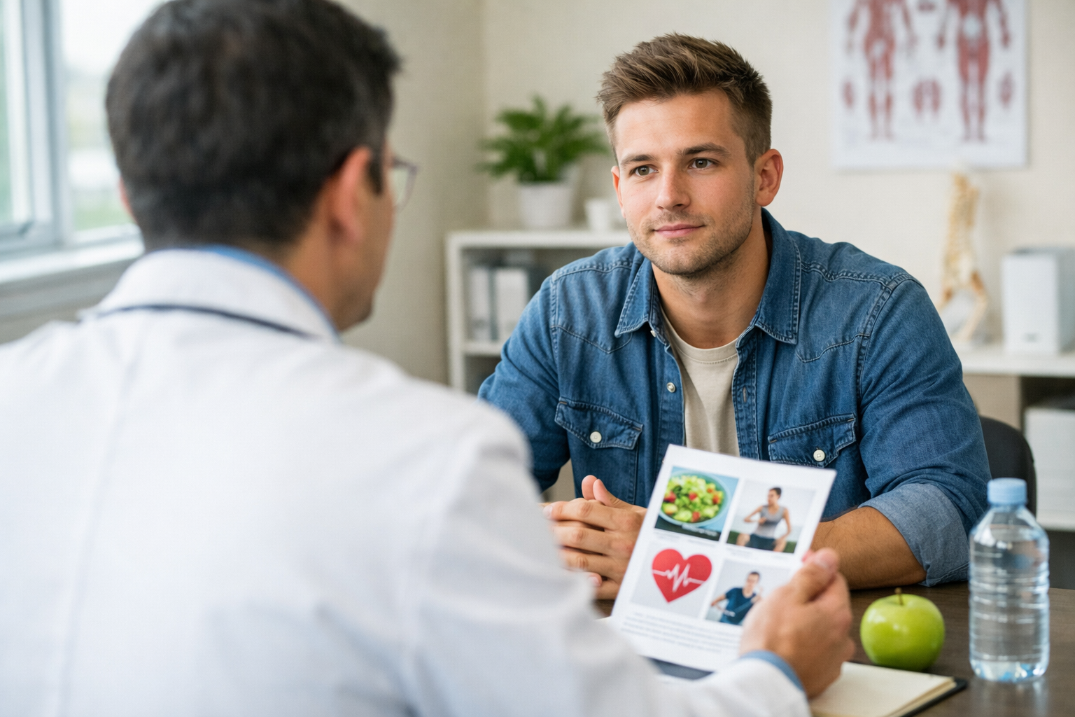 Young man at a medical consultation with a doctor, holding health information pamphlet, in a doctor's office.