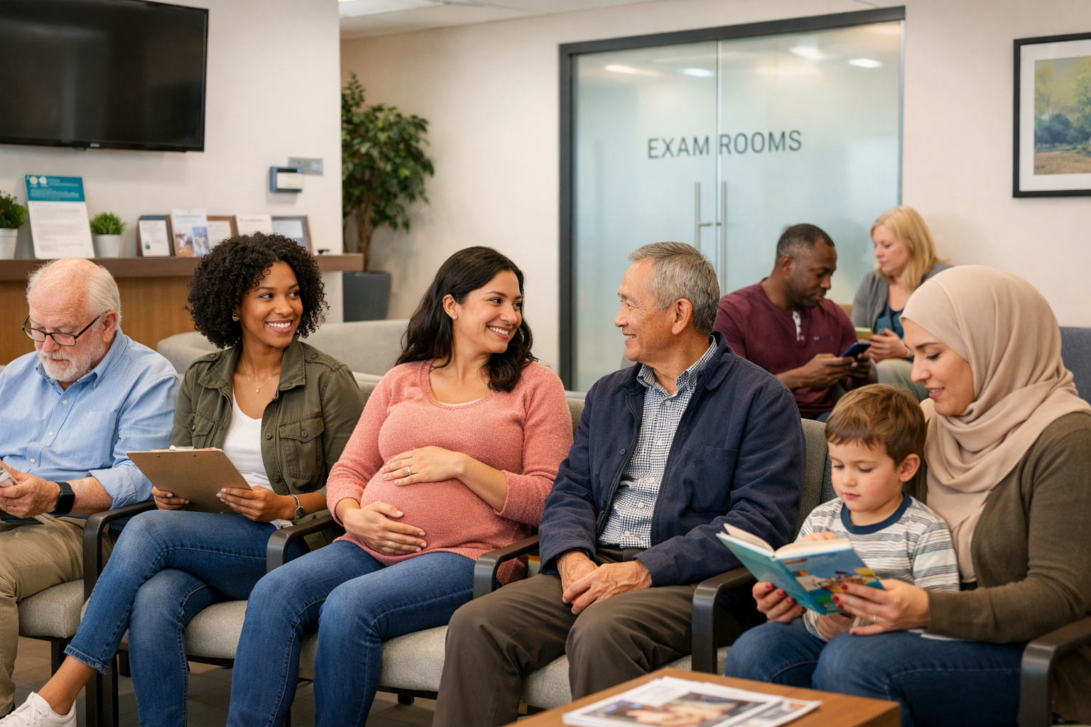 People sitting in the waiting area of a medical clinic, including a pregnant woman, a woman with a tablet, an elderly man looking at his phone, and a woman reading a book to a young boy.