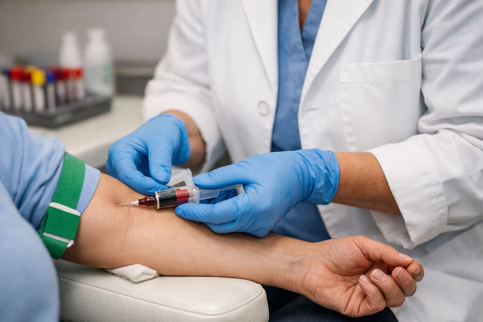 Healthcare professional administering a blood Test to a patient using a syringe.