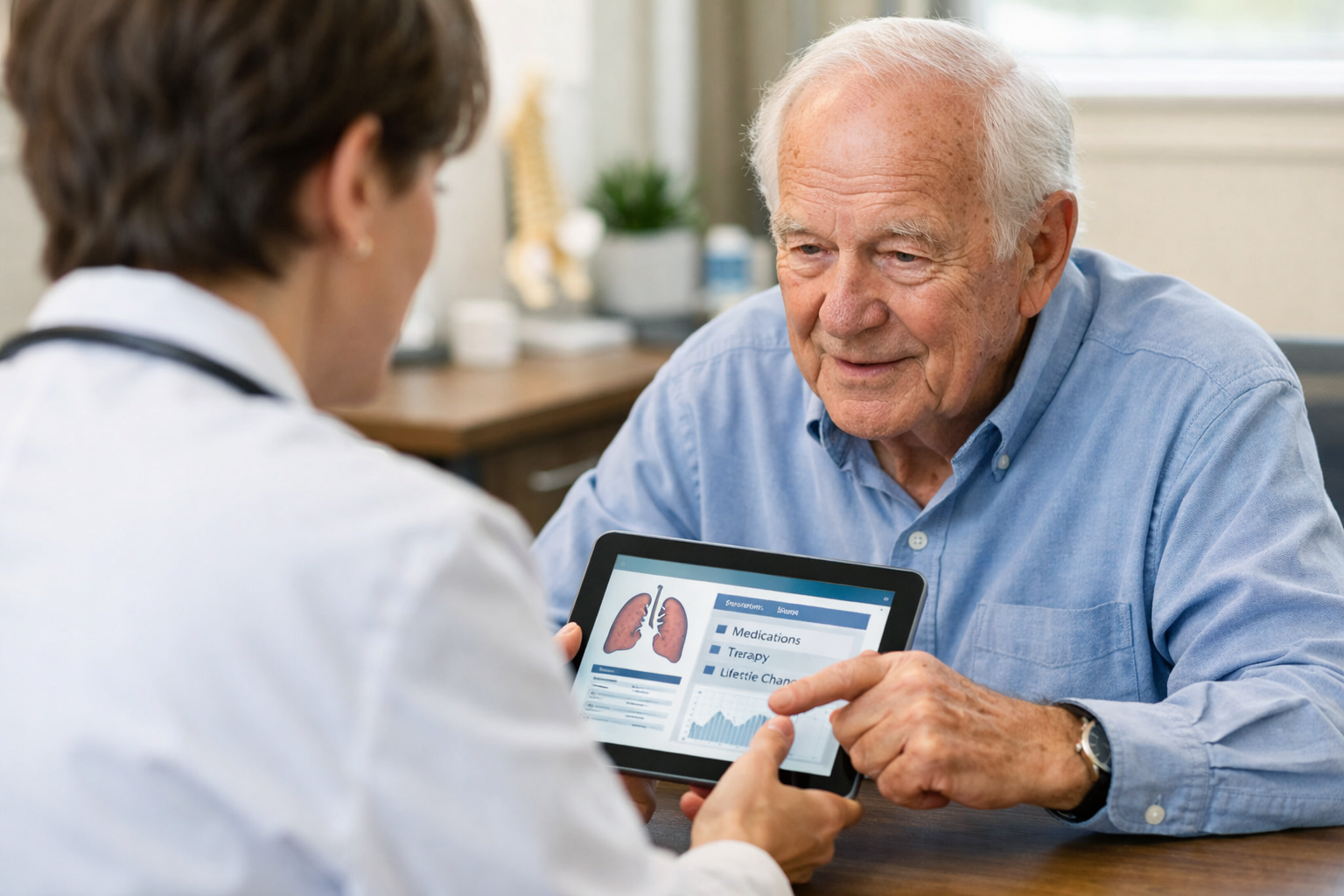 A doctor explaining his medical records to an elderly man with the help of a tablet.