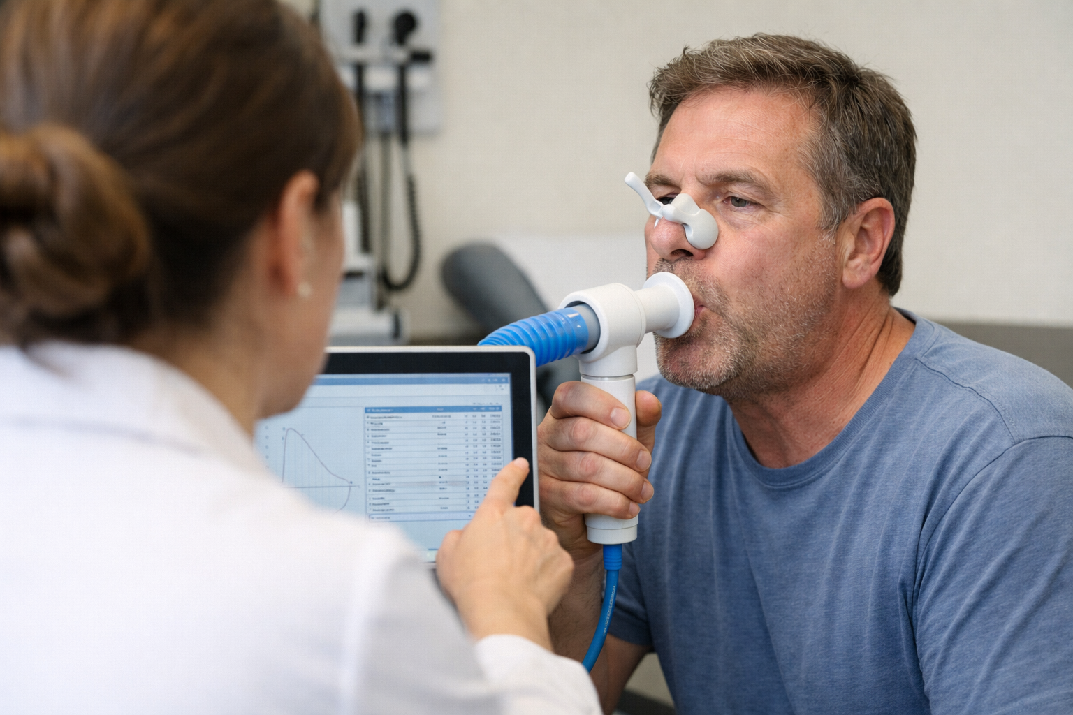A man undergoing a lung function test with a healthcare professional at a medical clinic. The man is breathing into a spirometer while the healthcare professional monitors data on a laptop.