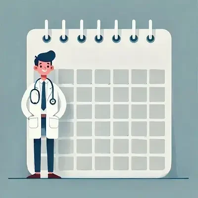A cartoon illustration of a male doctor standing next to a large wall calendar with blank squares.