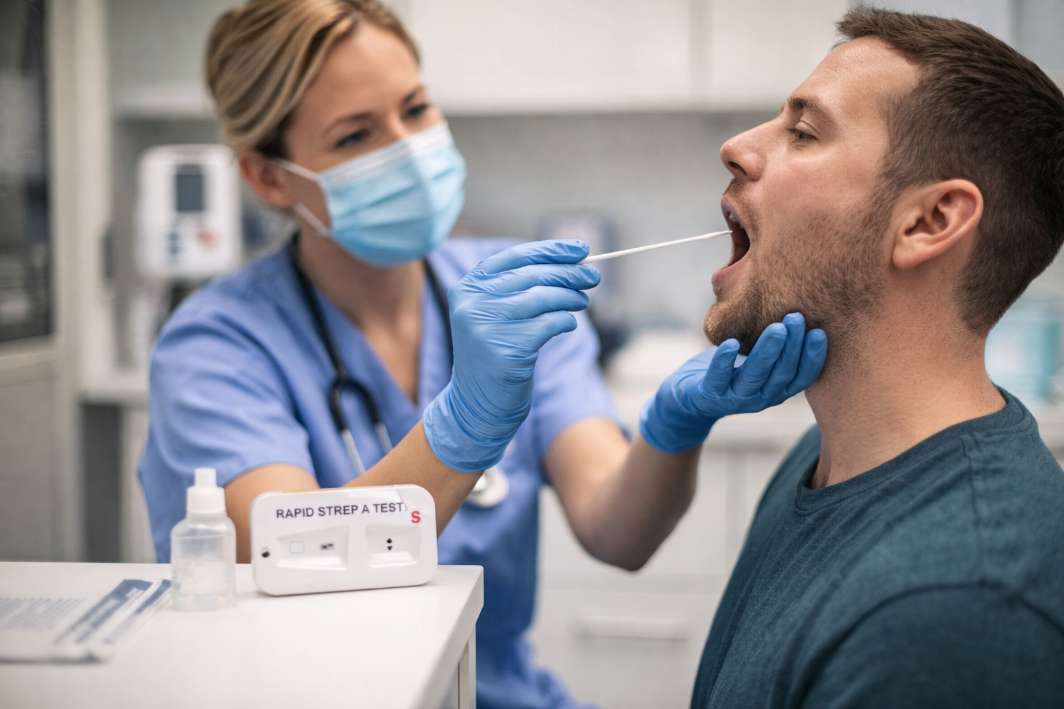 A healthcare worker in blue scrubs and a face mask performs a rapid strep test on a man in a medical setting.