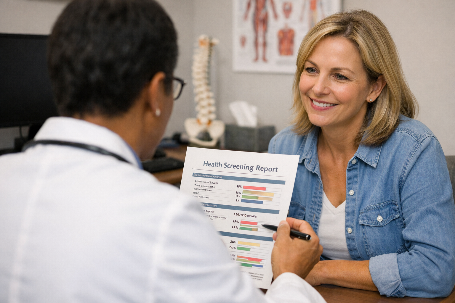 A healthcare professional shows a health screening report to a smiling woman patient in a medical office. The report includes bar graphs and data about cholesterol levels, blood pressure, and other health metrics.