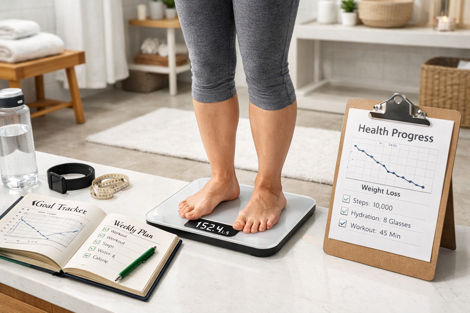 Person standing on a digital weighing scale displaying 152.4 pounds in a wellness room, with health and fitness charts and trackers on the table.