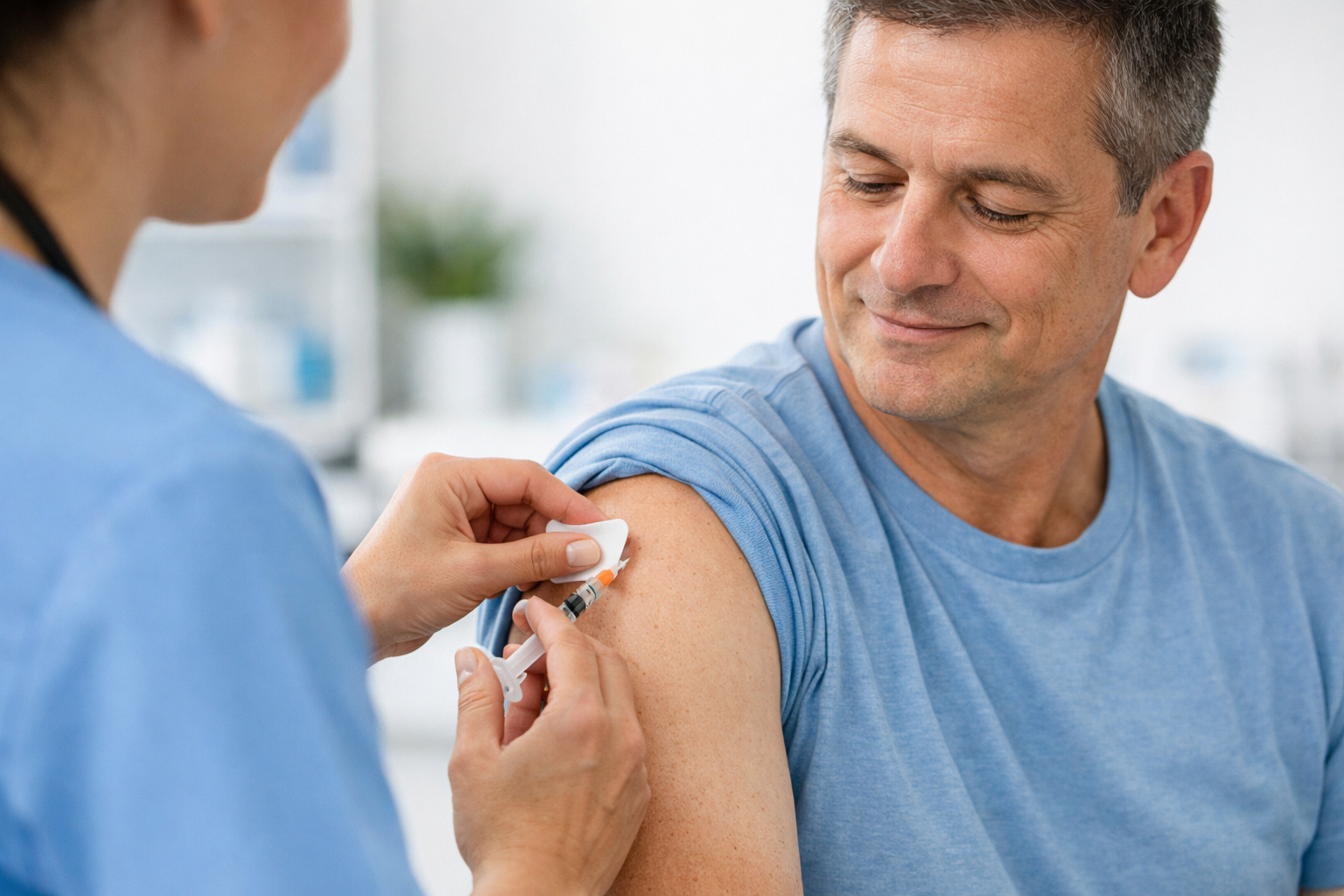 A healthcare professional administers a vaccination to a middle-aged man with short gray hair, wearing a blue t-shirt, who is smiling while seated.