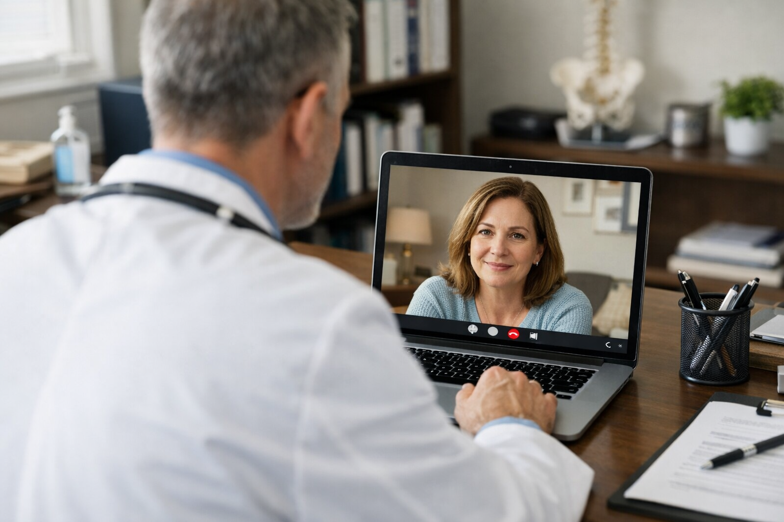 A male doctor with a stethoscope on his neck is on a video call with a female patient on his laptop. The doctor is in a medical office or clinic, and the patient appears to be in her home or a different environment.