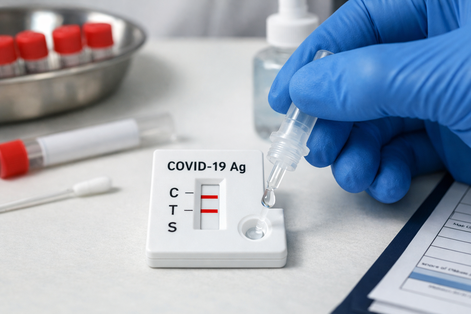 A COVID-19 antigen test with two red lines indicating a positive result, a gloved hand holding a dropper, medical supplies, and a clipboard.