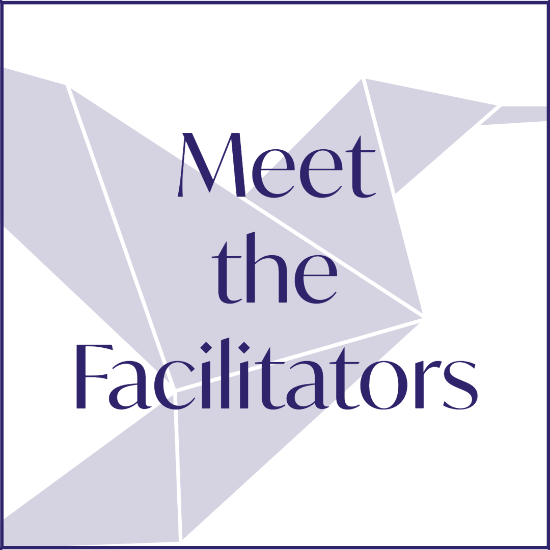"Meet the Facilitators" text on a geometric bird illustration background