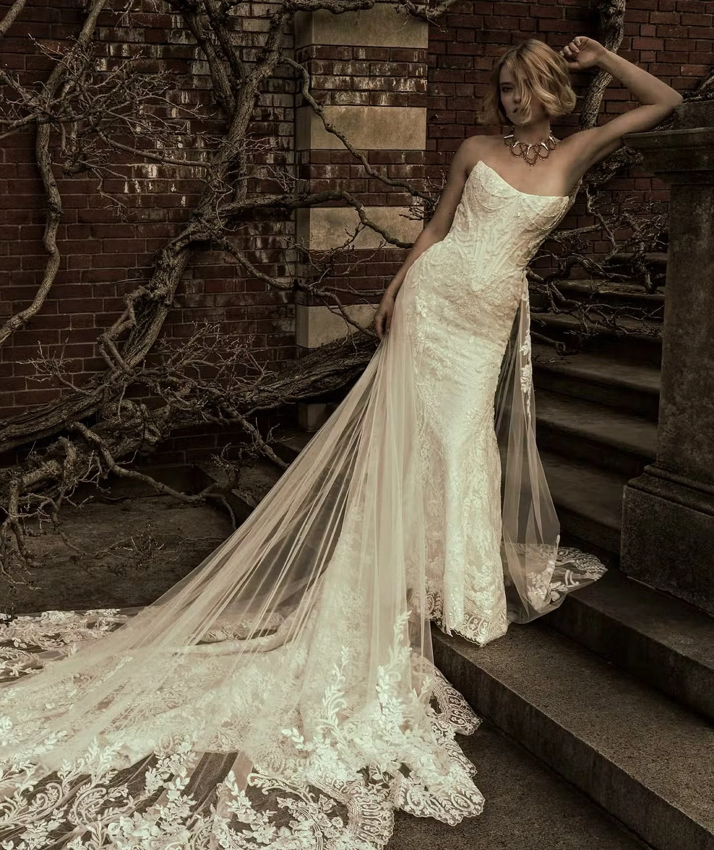 EIRAWEN by @maggiesotterodesigns 

this new fit and flare has a combo of detailed beaded motifs over soft chantilly lace. the already stunning train can be enhanced with a detachable illusion tulle train that we also have to try! we have this sample 