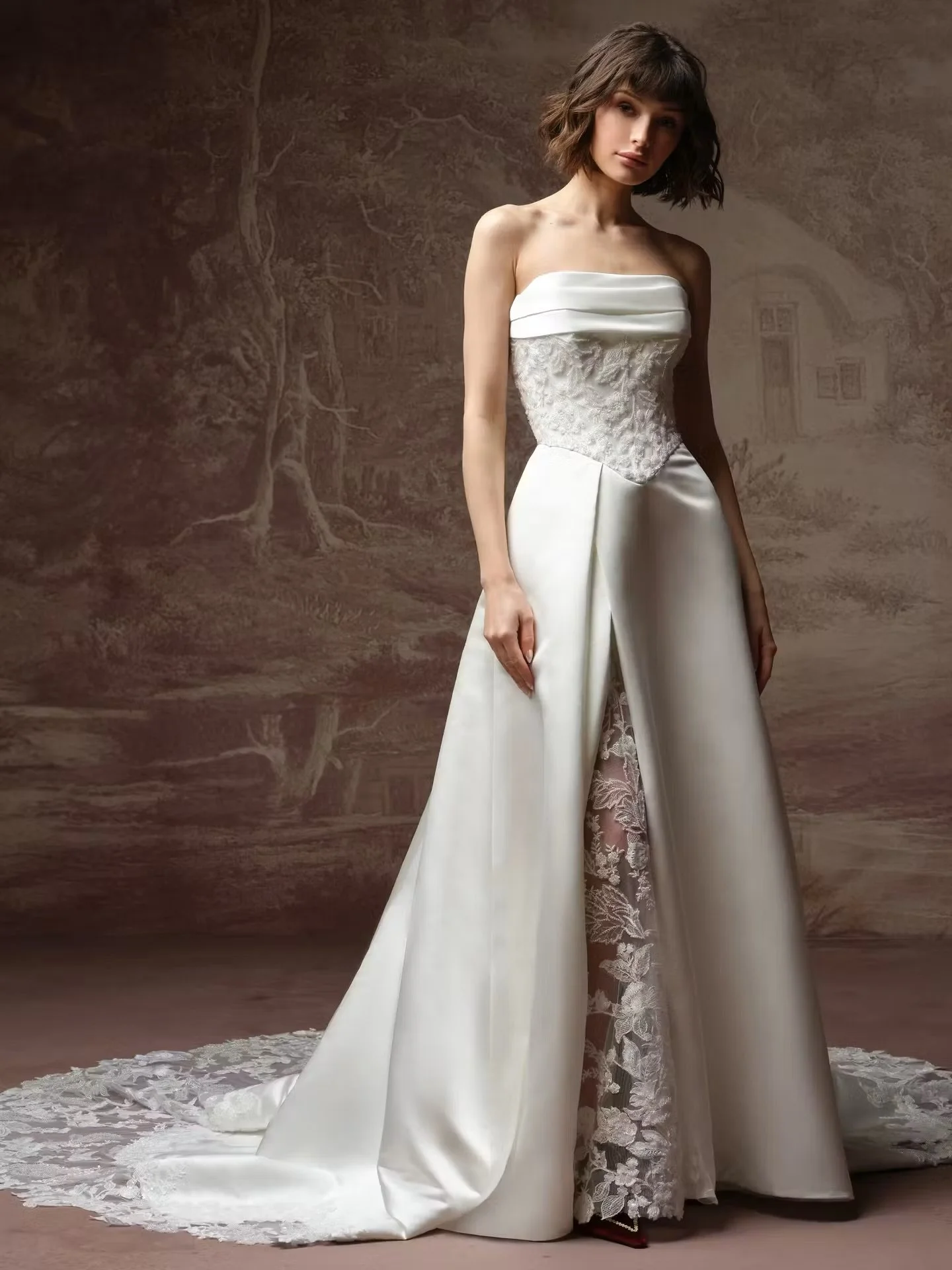 WISTERIA by @maggiesotterodesigns 

a classic satin silhouette met with detailed beaded lace. it has a little of everything 🤍can also come without the illusion lace slit as seen in the last photo. available now ! 💞