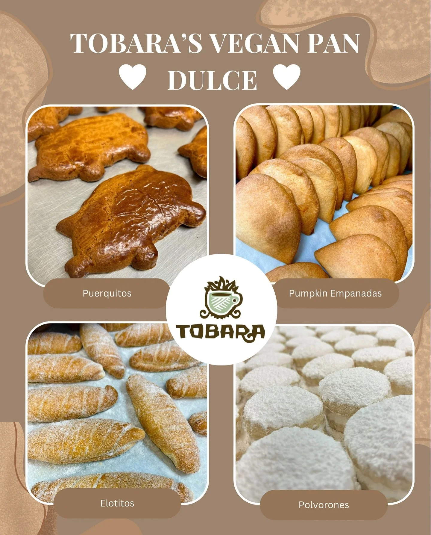 Happy Wednesday, everyone! 🌿 We&rsquo;re excited to highlight our vegan pan dulce here at Tobara. Crafted from scratch, these original recipe treats are a tasty way to satisfy your sweet tooth. Swing by and give them a try! 🤎

#vegan #veganpandulce