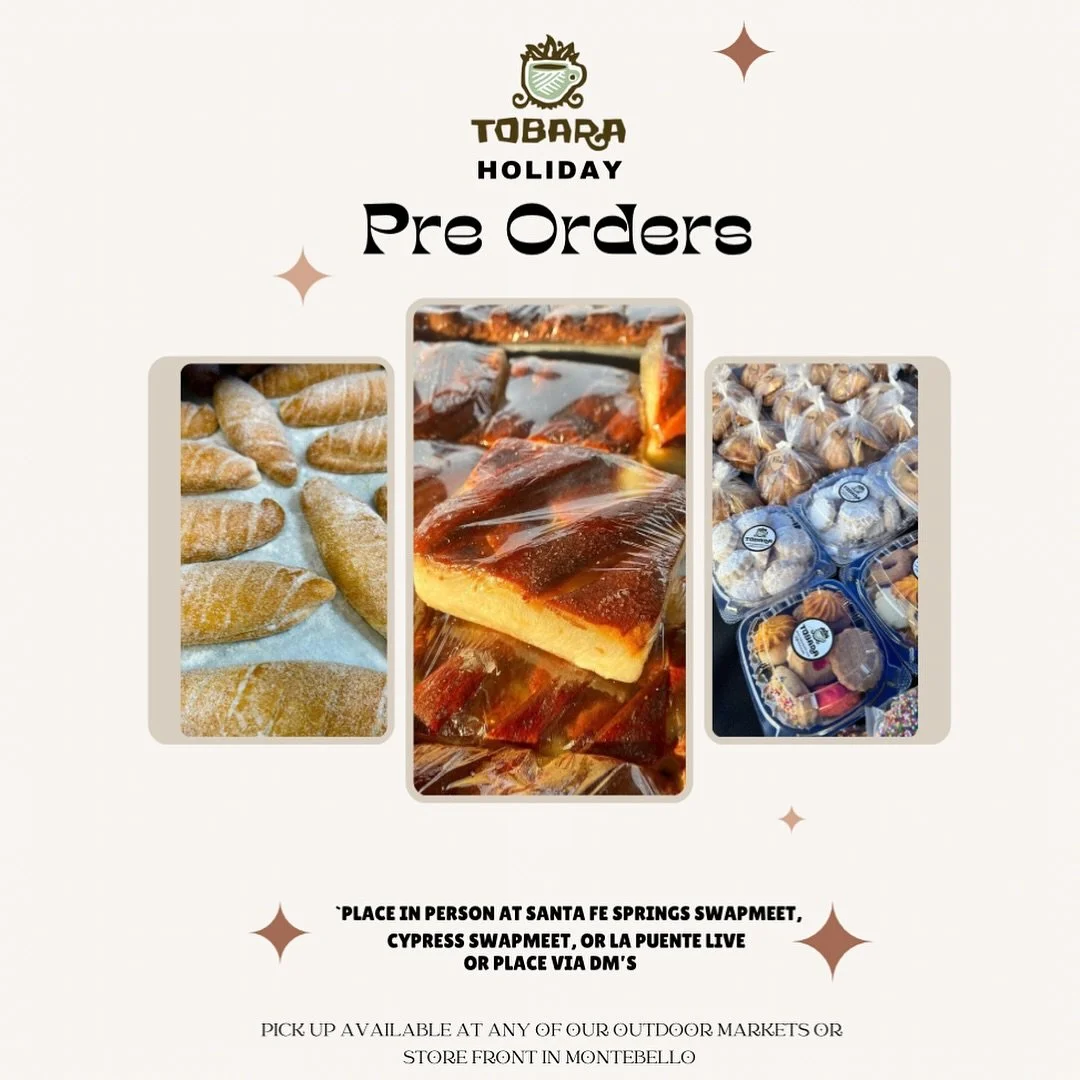 ✨Make this holiday season extra sweet with Tobara Bakery!  Pre-order your favorites today to share the love with friends and family. 🍞🎁
📍 Place your orders in person or via DM, and pick up at our markets or Montebello location.
🎉 Bonus! All Novem