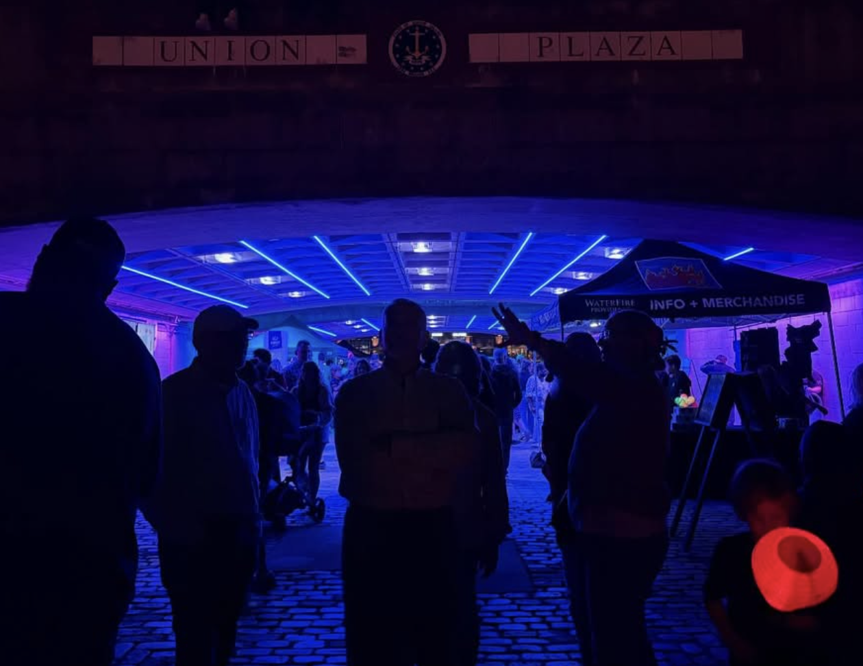 A picture of Union Plaza at night.