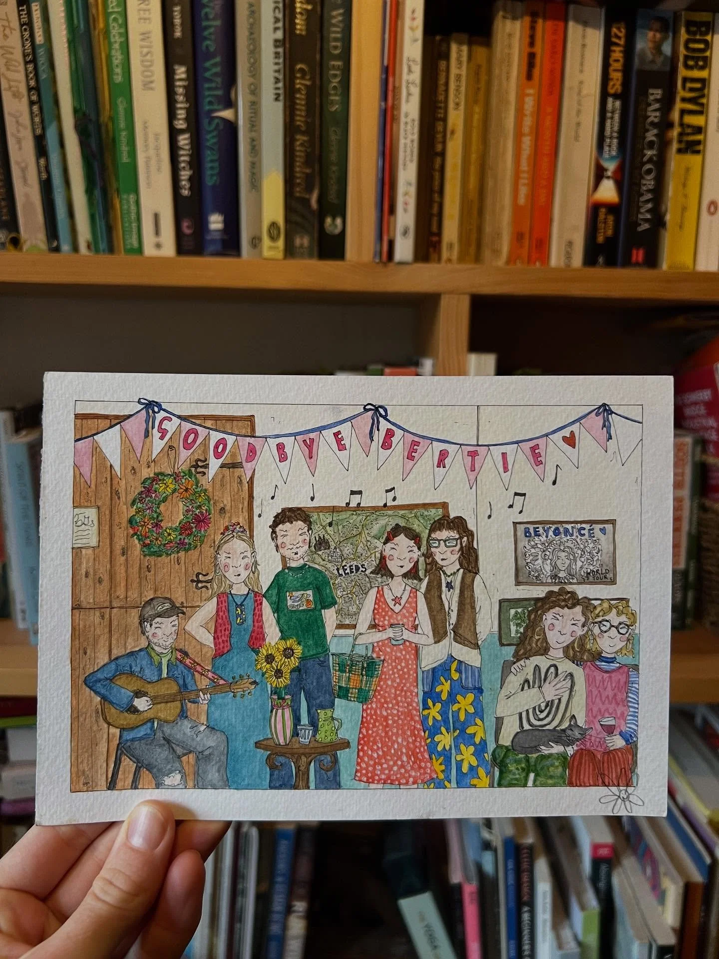 Loved SO much doing this commission for a present for Alberta who recently left Leeds after many much loved years living there at uni✨

@imoridley_ asked me to paint Dan, Annie, Alberta and Melly singing at @meanwoodfolkclub with Joe on the guitar, a
