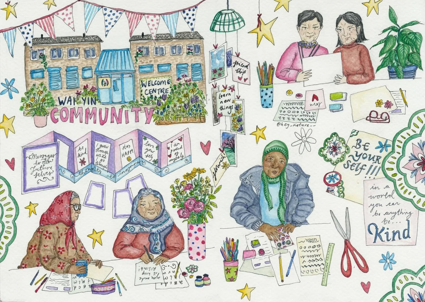 Recently, I was commissioned by researchers from the Manchester Urban Ageing Research Group (MUARG for short!) to illustrate this piece to communicate their research. In this case, looking at how creative groups benefit the health and wellbeing of el